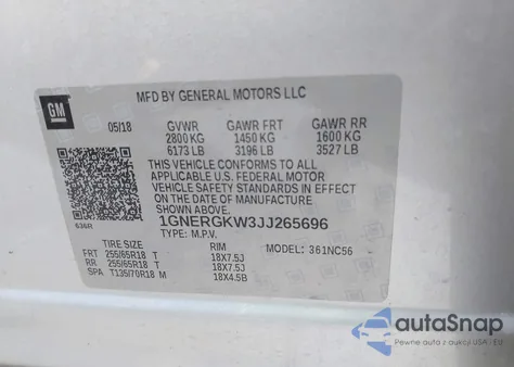 2018 Chevrolet Traverse 1Lt из США, поврежденный, VIN 1GNERGKW3JJ265696